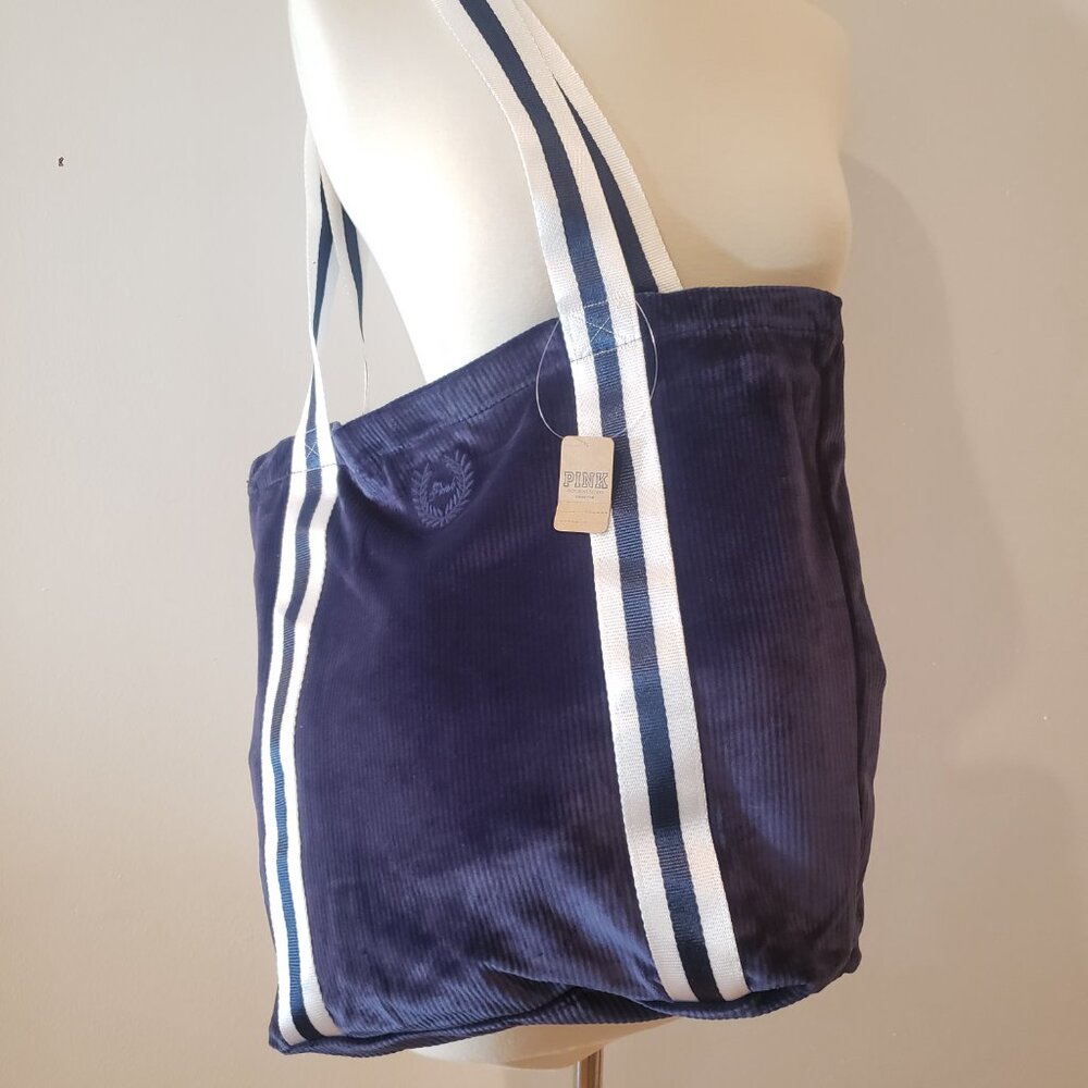 3/$42 Victoria’s Secret PINK Navy Velour Tote Bag NWT - Picture 2 of 6